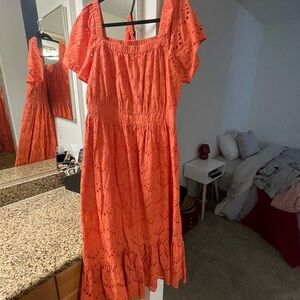 Westbound Coral Eyelet Midi Dress